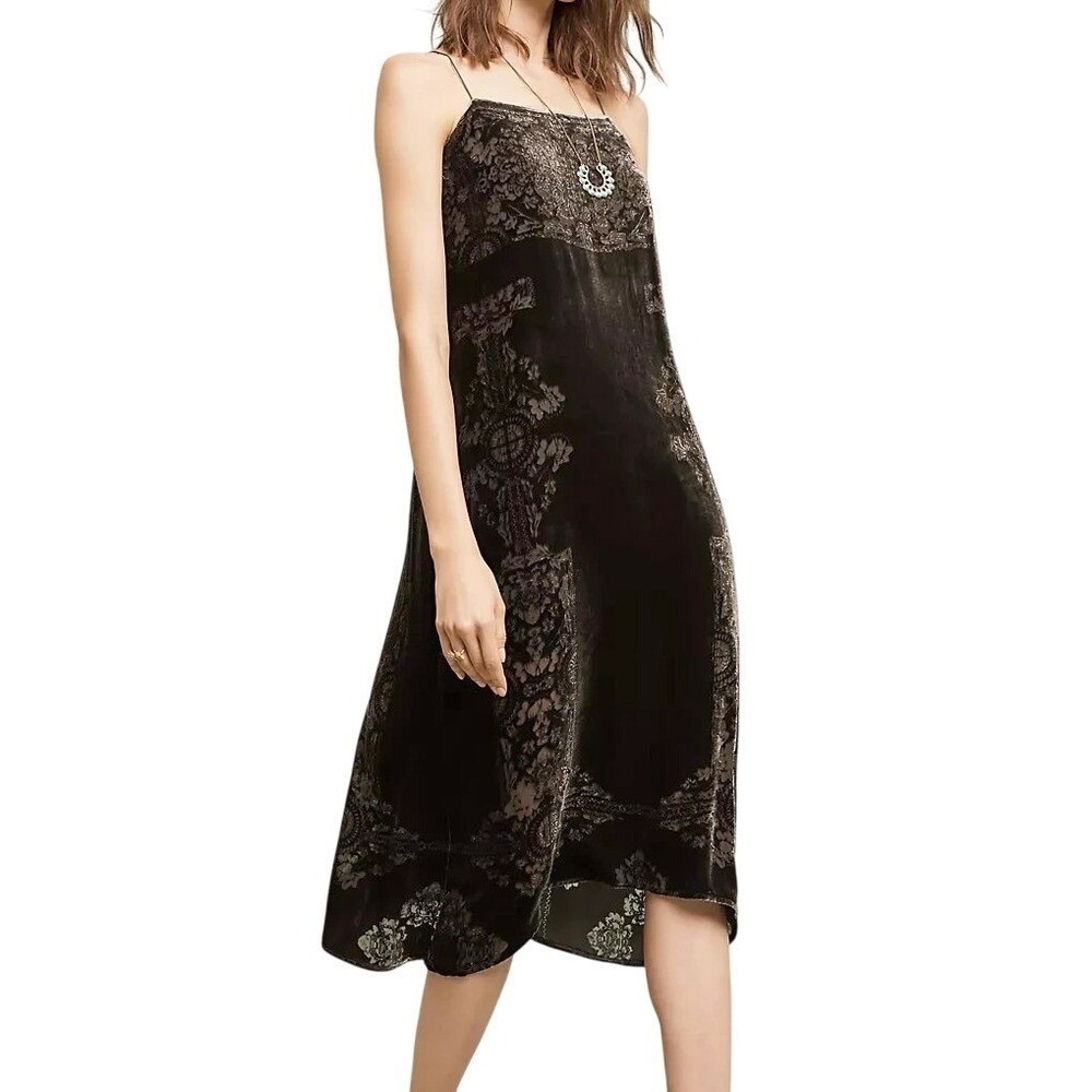 Floreat Anthropologie S Green Floral Velvet Silk Midi Slip Dress Victorian Goth